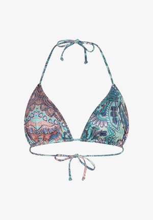 Dreieck-Bikini-Oberteil mit verstellbaren Nacken- und Rückenbändern, versehen mit einem mehrfarbigen Paisley-Muster in Türkis-, Pink- und Blautönen.
