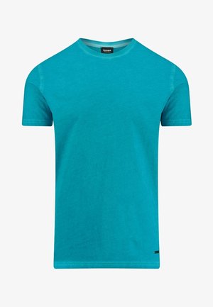 Turkos bomulls-T-shirt, korta ärmar, rundad halsringning, mjuk textur och subtila sömnadsdetaljer. Märkesetikett vid kragen.