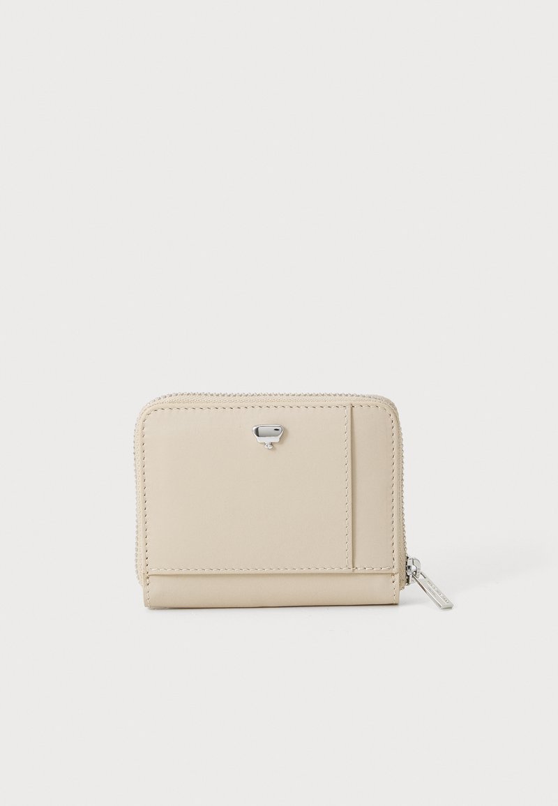 Beige leather wallet with a smooth texture, zip closure, silver hardware, and a front card slot. Compact rectangular shape.