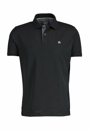 Polo noir à manches courtes, en coton, avec un col à revers, une patte de boutonnage à deux boutons, et un accent gris sur le col. Comprend un logo.