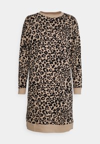 Vestido de estampado de leopardo en beige y negro, con mangas largas, escote redondo y un dobladillo acanalado. Fabricado en una suave mezcla de algodón.