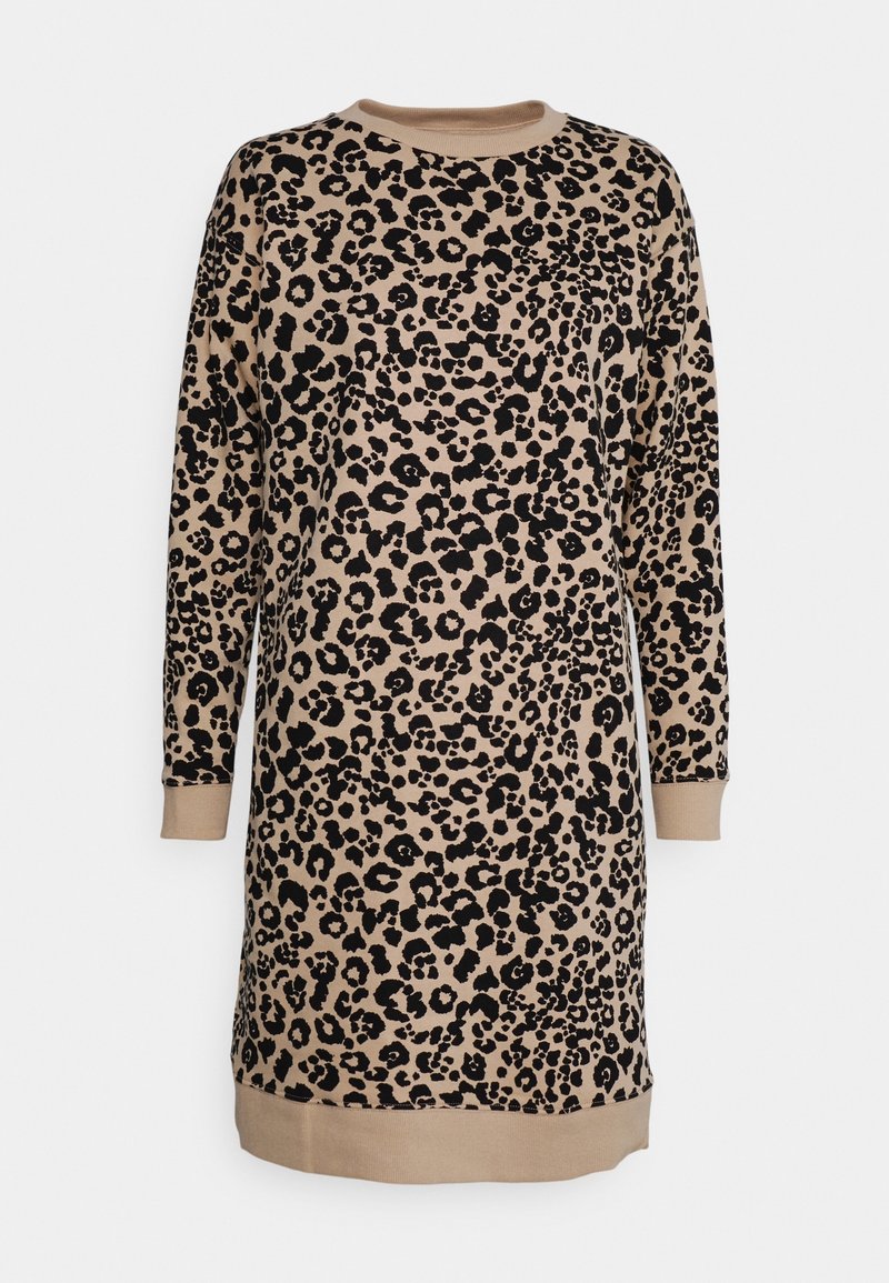 Vestido de estampado de leopardo en beige y negro, con mangas largas, escote redondo y un dobladillo acanalado. Fabricado en una suave mezcla de algodón.
