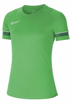 T-shirt de sport vert à manches courtes avec col rond, virgule Nike blanche sur la poitrine droite, et bandes vert foncé avec rayures blanches sur les manches.