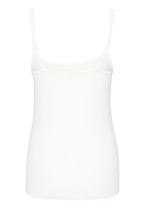 White sleeveless camisole made of smooth fabric, featuring thin straps and a fitted design with a straight hem. No additional patterns or accents.