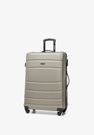 Hartschalenkoffer in metallic-beiger Farbe, mit strukturierten Rillen, einem ausziehbaren Griff und vier Doppelrollen für Mobilität.