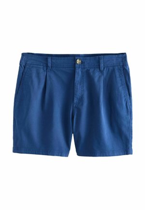 Blaue Freizeithosen mit Fronttaschen, Knopfverschluss, Gürtelschlaufen und flachem Frontdesign vor weißem Hintergrund.