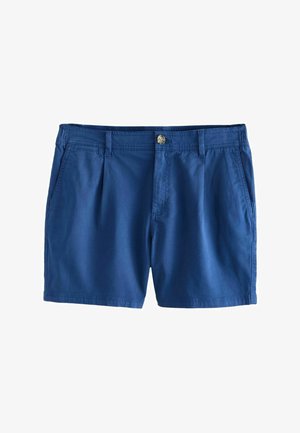 Blå afslappede shorts med forlommer, knaplukning, bæltestropper og et fladt frontdesign mod en hvid baggrund.