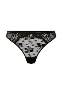 Schwarze Spitzenstring mit floralen Mustern, transparenter Stoff und festem Bund. Verziert mit gewellten Kanten und komplizierten Designelementen.