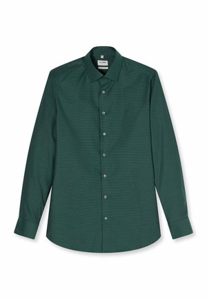 Dunkelgrünes, langärmliges Hemd mit spitzem Kragen und sieben Knöpfen auf der Vorderseite, flach auf weißem Hintergrund liegend dargestellt.