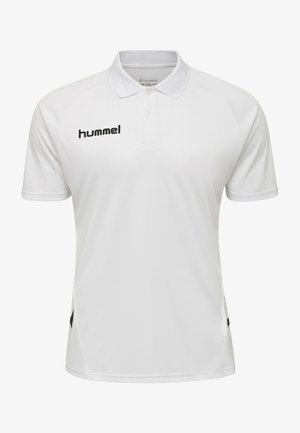 Hvid polo shirt lavet af letvægtsstof. Har en knappet krave og korte ærmer, med et sort "hummel" logo på forsiden.