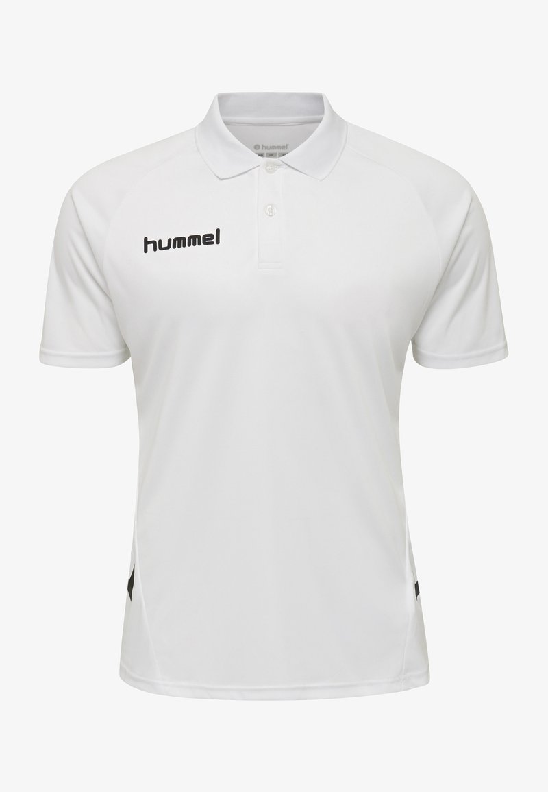 Hvid polo shirt lavet af letvægtsstof. Har en knappet krave og korte ærmer, med et sort "hummel" logo på forsiden.