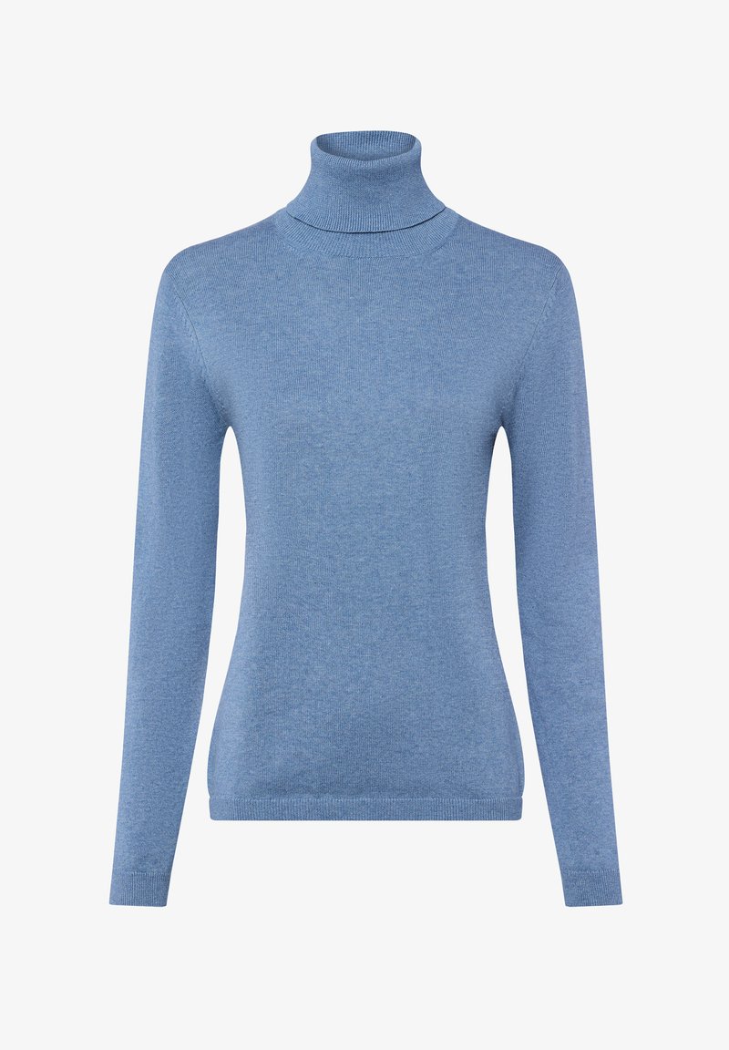 Jasnoniebieski sweter z golfem wykonany z prążkowanej dzianiny, z długimi rękawami i dopasowanym krojem, o gładkiej fakturze i minimalnym wykończeniu.