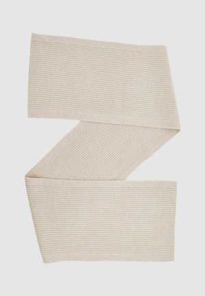 Béžový rebrovaný šál s jemnou textúrou, s plochým, predĺženým tvarom a čistými okrajmi, usporiadaný v zigzagovom vzore.