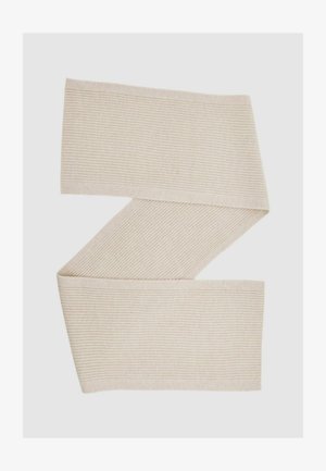 Beige geribde sjaal met een zachte textuur, met een vlakke, langwerpige vorm en strakke randen, gerangschikt in een zigzagpatroon.