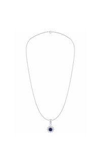 Retiazka z čistej striebornej platiny s príveskom modrého drahokamu s kvetinovým motívom, obklopeným malými priehľadnými akcentmi.