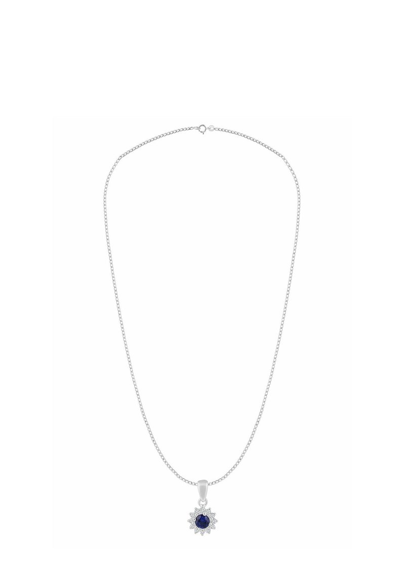 Retiazka z čistej striebornej platiny s príveskom modrého drahokamu s kvetinovým motívom, obklopeným malými priehľadnými akcentmi.