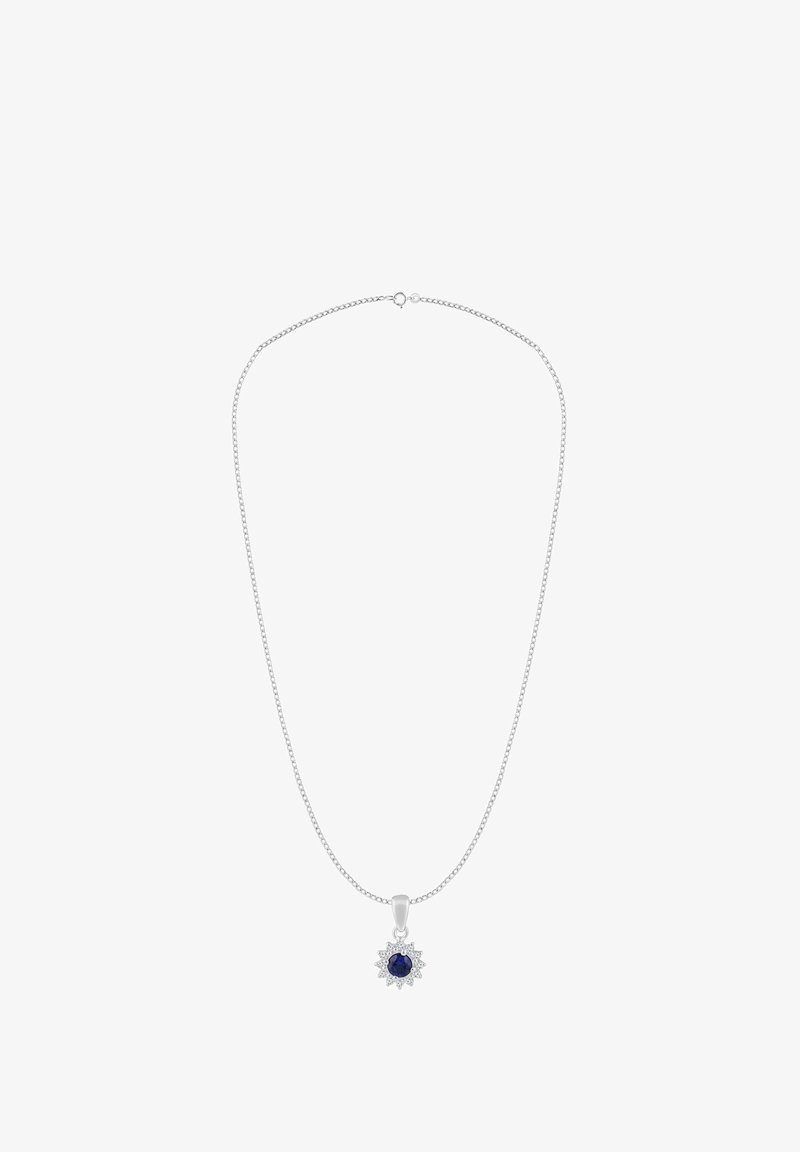Retiazka z čistej striebornej platiny s príveskom modrého drahokamu s kvetinovým motívom, obklopeným malými priehľadnými akcentmi.