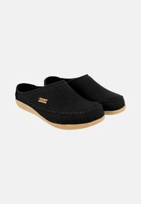 Black felt clogs with a natural cork sole, featuring decorative stitching along the edges and a small branded accent on the side.