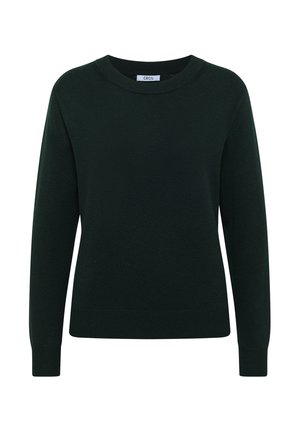 Donkergroen gebreid sweater met lange mouwen, ronde hals en geribbelde boorden en zoom. Glad textuur met een getailleerde pasvorm.