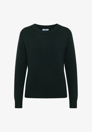 Donkergroen gebreid sweater met lange mouwen, ronde hals en geribbelde boorden en zoom. Glad textuur met een getailleerde pasvorm.
