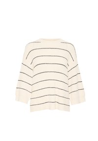 Cremefarvet sweater med sorte vandrette striber, brede ærmer og rund halsudskæring. Strikket tekstur, let løst fit, ribbet kant.