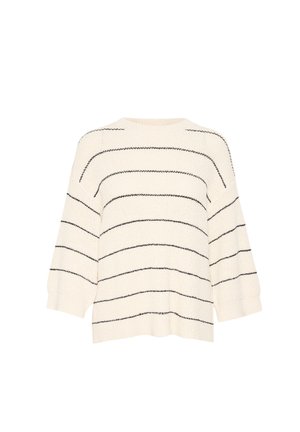 Maglione crema con strisce orizzontali nere, maniche ampie e scollo rotondo. Tessitura a maglia, vestibilità leggermente ampia, orlo a coste.