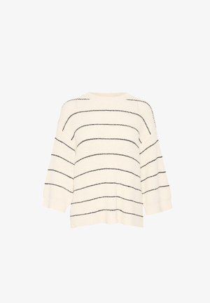Krémový sveter s čiernymi horizontálnymi pruhmi, širokými rukávmi a okrúhlym výstrihom. Pletená textúra, mierne voľný strih, rebrovaný lem.