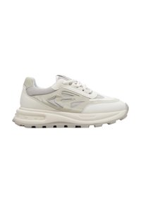 Witte sneakers met een bovenwerk van mesh en leer, voorzien van een gewatteerde kraag, ronde neus en structuurrubber zool. Accenten in lichtgrijs.
