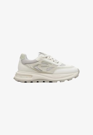 White sneakers with mesh and leather upper, featuring a padded collar, round toe, and textured rubber outsole. Accents in light gray.