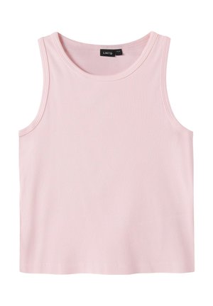 Hellrosa geripptes ärmelloses Crop-Top mit Rundhalsausschnitt und schwarzem Markenlabel innen am Kragen.