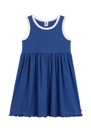 Robe en coton bleue avec encolure et emmanchures côtelées blanches, jupe évasée à taille froncée, et bord festonné à l'ourlet.