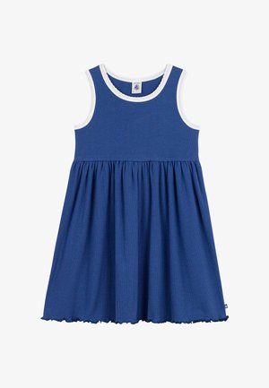 Blaues Baumwollkleid mit weißem, geripptem Ausschnitt und Armausschnitten, ausgestelltem Rock mit geraffter Taille und einem gewellten Saum.