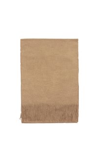 Bruine, zachte wollen deken met franjes aan de randen. Rechthoekige vorm, gladde textuur en uniforme kleur zonder patronen of accenten.