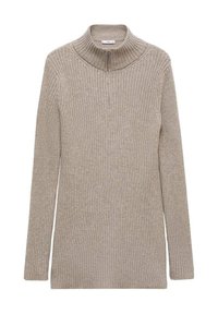 Pull en tricot côtelé beige avec un col haut et une fermeture éclair demi-longueur. Manches longues et coupe décontractée, offrant une texture douce.