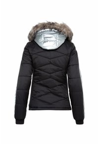 Veste d'hiver matelassée noire avec capuche argentée et bordure en fourrure marron, vue de dos, manches longues, coupe ajustée.