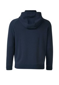 Marineblauwe trui met capuchon, gemaakt van zacht stof. Voorzien van geribbelde boorden en zoom, met een gladde, textuurrijke oppervlakte.