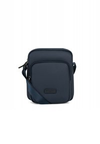 Borsa a tracolla blu navy realizzata in tessuto testurizzato, con forma rettangolare, tasca frontale con zip e tracolla regolabile. Presenta un logo del marchio.