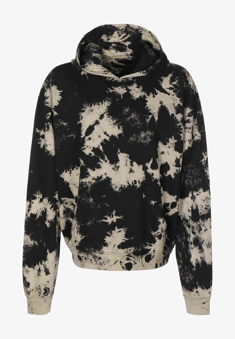 Sweat à capuche tie-dye noir et beige avec manches longues et une poche kangourou à l'avant, présenté sur un fond blanc.