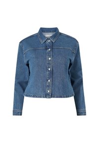 Giacca in denim di blu medio con maniche lunghe, chiusura frontale con bottoni, colletto a punta e orlo corto. Presenta bottoni metallici e una leggera texture.