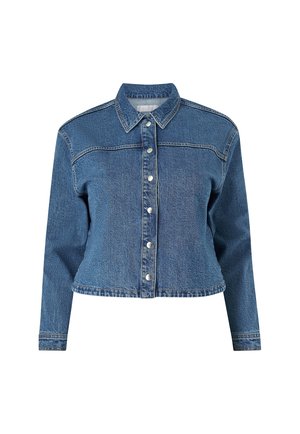 Jeansjacke in Mittelblau mit langen Ärmeln, einer Knopfleiste auf der Vorderseite, spitzem Kragen und cropped Saum. Verfügt über Metallknöpfe und eine leichte Struktur.