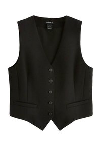 Czarna bezrękawnik ze splotem w serek, sześć guzików z przodu, dwie boczne kieszenie i dopasowany krój. Wykonana z gładkiego, teksturowanego materiału.