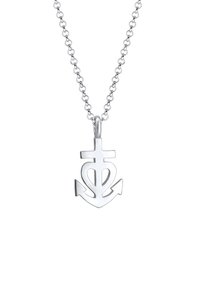 Silverhalsband med ett hänge som kombinerar ett kors, ett hjärta och ett ankarmotiv på en tunn kedja mot en vit bakgrund.
