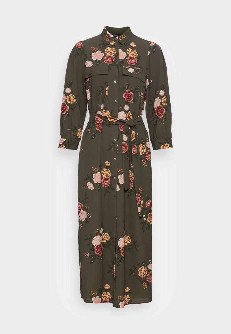 Langärmeliges, olivgrünes Kleid mit floralem Druck in Pink, Rot und Gelb. Verfügt über eine Knopfleiste, Brusttaschen und einen passenden Gürtel.