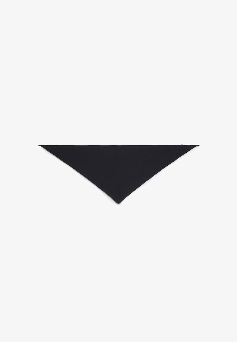 Écharpe triangulaire noire en tissu lisse, avec un design simple et des extrémités pointues. Aucun motif ni accent visible.