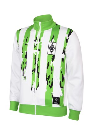 Witte en groene jas met rits, met abstracte groene en zwarte verticale strepen, geribde kraag en manchetten, en een Borussia Mönchengladbach-logo op de borst.