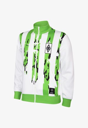 Witte en groene jas met rits, met abstracte groene en zwarte verticale strepen, geribde kraag en manchetten, en een Borussia Mönchengladbach-logo op de borst.