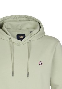 Lichtgroene hoodie met een trekkoord in de capuchon, geribbelde zoom en een klein logo-opdruk op de borst. Zachte textuur en een casual ontwerp.