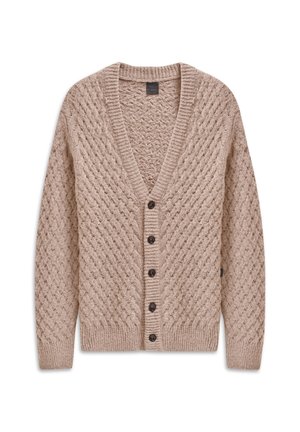 Beiger Strickcardigan mit V-Ausschnitt, strukturiertem Rautenmuster, fünf braunen Knöpfen auf der Vorderseite sowie gerippten Bündchen und Saum.