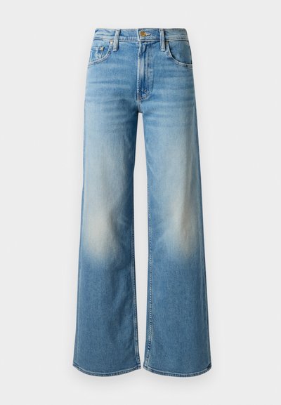 Lichtblauwe wijde jeans met een vervaagd ontwerp, voorzien van een knoopsluiting, ceintuurlussen en voor- en achterzakken. Versleten accenten bij de zoom.