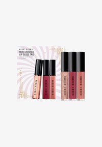 Bobbi Brown Mini Crushed Lip Gloss Trio met drie gloss tubes: lichtroze met sparkle, mauve en dieproze. Zwarte doppen en branding op de tubes.